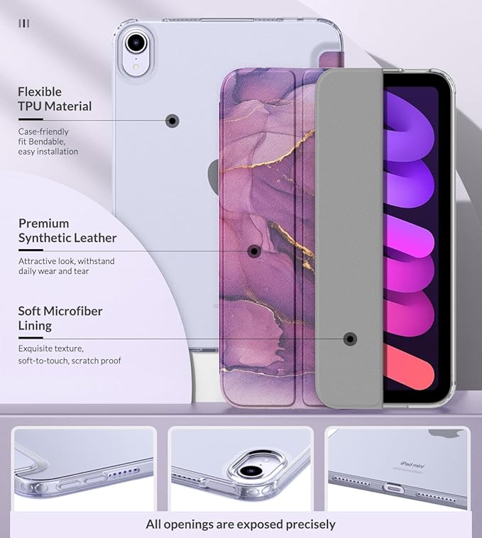 MoKo Case Fit New iPad mini 7 (A17 Pro) 2024, iPad mini 6th Generation Case 2021 (8.3-inch), iPad mini 6 Case, Soft TPU Translucent Frosted Back Cover Case for iPad mini 7th, Marble Gold Purple