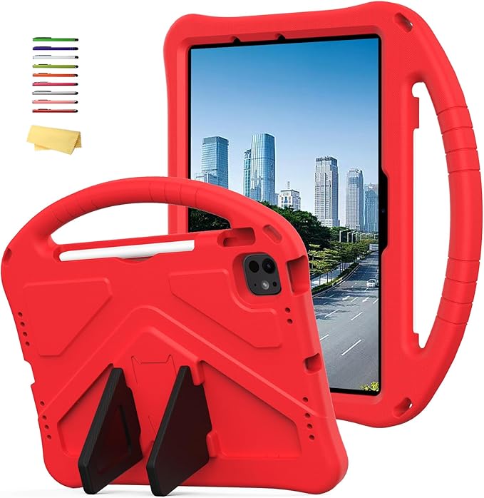 Kids Case for iPad Air 11 inch M4/M3/M2 (2026/2025/2024) & iPad Pro 11 inch M5/M4 (2025/2024) with Pencil Holder/Handle Kickstand/Lightweight Soft EVA Shockproof Boy Girl Stand Cover, Red