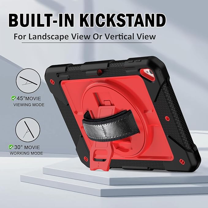 BMOUO Case for iPad 6th/5th Generation Case (9.7 inch, 2018/2017), 360°Rotating Stand, Hand/Shoulder Strap Shockproof iPad 9.7” Case for iPad Air 2, Black and Red