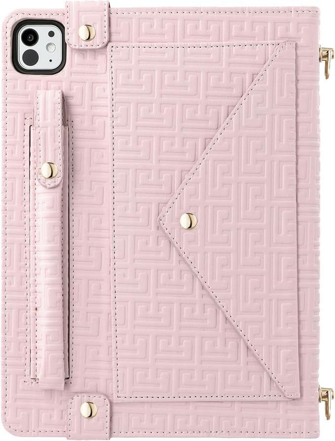 Handbag Case for iPad Pro 11-inch 2025 M5/2024 M4, Techcircle Elegant Crossbody PU Leather Folio Envelope Pocket Stand Cover with Hand Strap+Shoulder Strap+Pencil Holder+Card Slots, Baby Pink