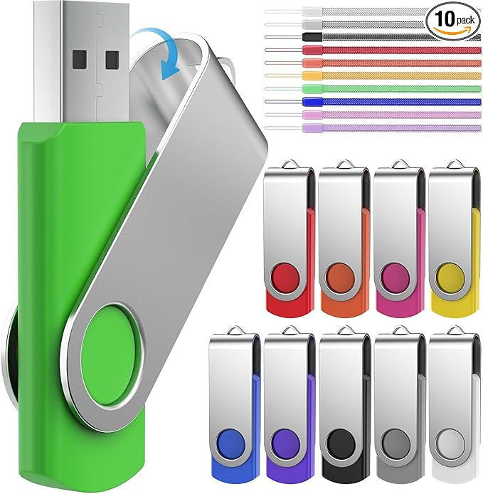 FEBNISCTE Memory Stick 1GB USB Flash Drive Bulk 10 Pack - Bulk 1 GB USB 2.0 Stick Pendrive Multi-Coloured Thumb Drive - Swivel USB-Key Value Data Storage Jump Drive with 10pcs Ropes
