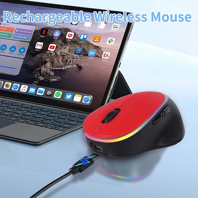 Ergonomic Wireless Bluetooth Mouse Vertical Rechargeable Silent Portable Ergo Mice with RGB Light & 2.4G USB Receiver,Dual Mode,for PC/Laptop/Computer/Desktop/Tablet/MacBook,Office Work Gift-Red