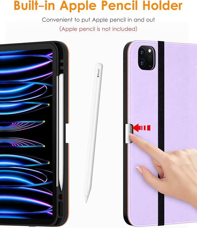 DTTO for iPad Pro 12.9 6th / 5th / 4th / 3rd Generation Case 2022/2021/2020/2018, Leather Folio Stand Cover with Built-in Apple Pencil Holder -Auto Wake/Sleep and Multi Viewing Angles, Lavender