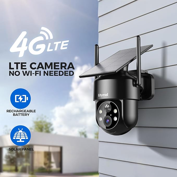 LITYMOL 4G LTE Cellular Solar Security Cameras Wireless Outdoor,No WiFi Cameras for Home Security,2K Surveillance Camera Lenses,Spotlight Siren Alarm,AI Detection,SD/Cloud Storage