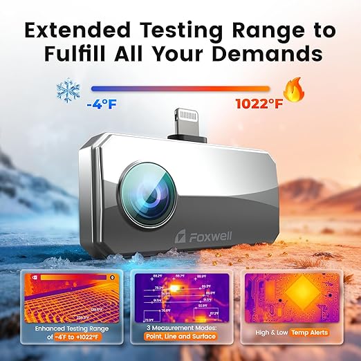 RT100 Thermal Camera for iPhone Series & iPads, 512 x 384 Super Resolution, 256 x 192 IR Resolution Infrared Camera, 25Hz Thermal Imaging Camera with -4°F~1022°F Temp Range, Temperature Alarm