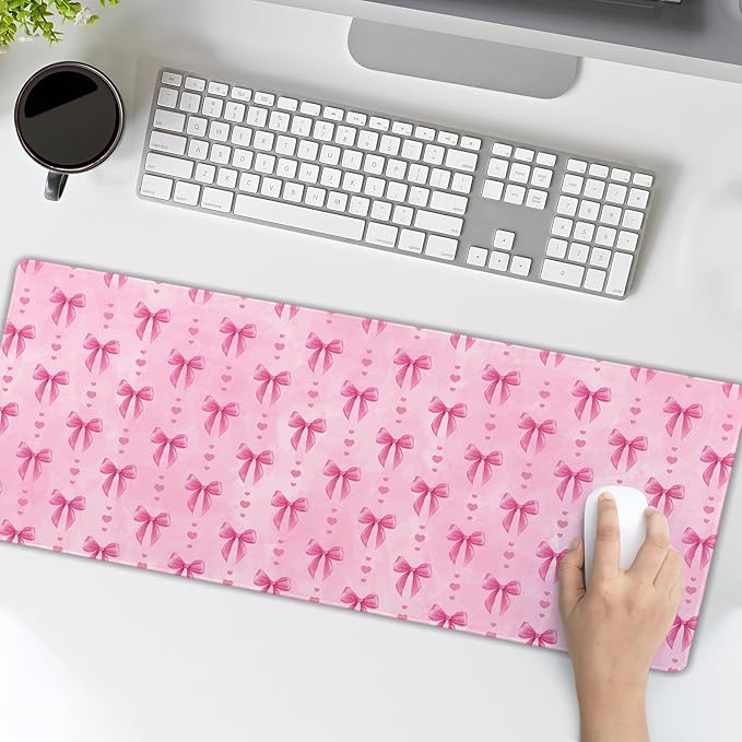 Pink Bows Mouse Pad Extended Large 31.5x11.8 in Coquette Kawaii Desk Mat Preppy Trendy Computer Large Mousepad Non-Slip Rubber Base Stitched Edge Gaming Mousepad PC Computer Desk Pad for Work Desktop