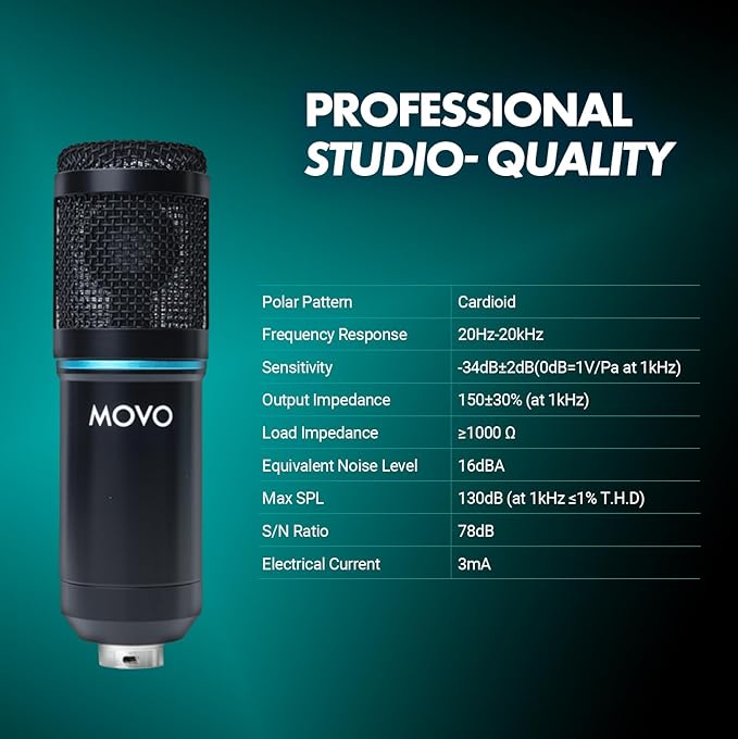 Movo PodPak Podcast Equipment Bundle with XLR Condenser Microphone, Articulating Scissor Arm, and Pop Filter - XLR Mic for Podcasting, Streaming, YouTube, Music, ASMR - Content Creator Studio Mic
