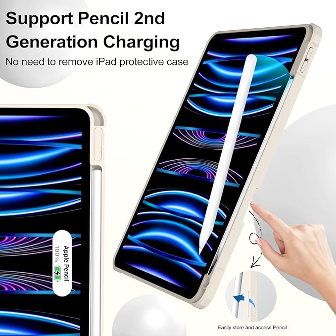 JKSML Case for iPad Pro 11 Inch 4th/3rd/2nd Generation 2022/2021/2020, Transparent Protective Cover with Right Side Pencil Holder, Supports Pencil 2 Charging, Cream White