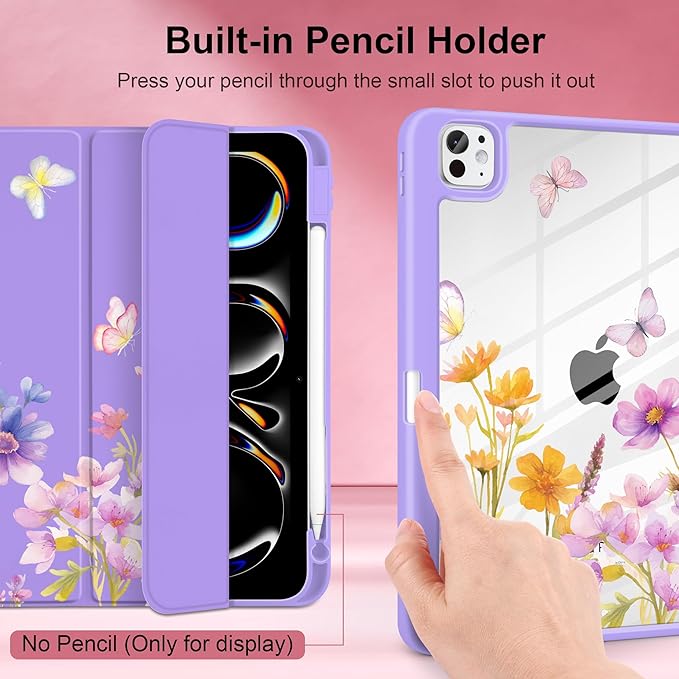 Case for iPad Pro 11 inch (M5) 2025 (M4) 2024 Release Slim Lightweight Cute Purple Cover with Clear Back TPU Edge Pencil Holder Trifold Stand, Watercolor Flower