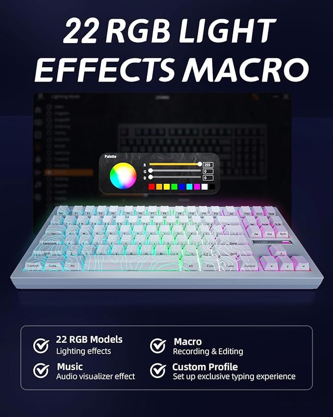 ZORNHER ZH870 Wireless Gaming Mechanical Keyboard,80% White Custom Creamy Sound Keyboard with Lighted Up White Topographic Keycaps,Creamy Sounding Linear Switches,Hot-Swappable,RGB Backlit