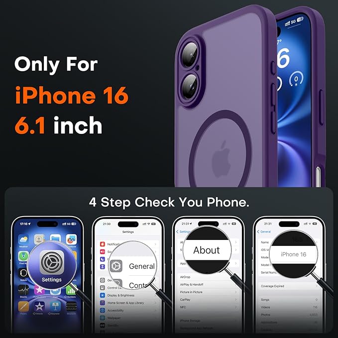 TOCOL for Phone 16 Case, Compatible with Magsafe Charger, Full Camera Protection, Drop Protection, Translucent Matte Phone Case for iPhone 16 6.1 inch (Midnight Purple)