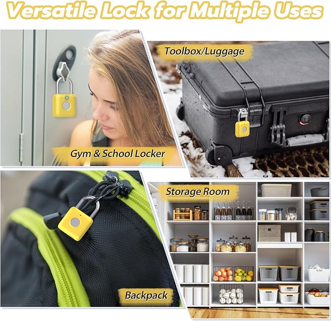 Fingerprint Padlock,Smart Padlock APP Control,Fingerprint Locker Lock,Gym Lock USB Rechargeable for Gym Locker,Locker, School,Storage Yellow