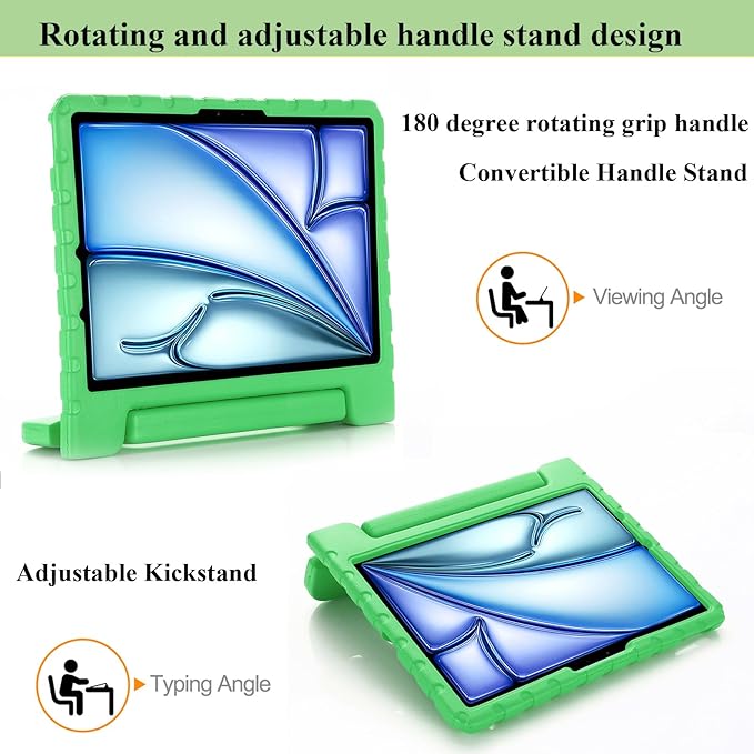 Kids Case for iPad Pro 11 inch M5/M4 (2025/2024) with Pencil Holder/Convertible Handle Stand Shockproof Slim Lightweight Cute Soft EVA Heavy Duty Rugged Kickstand Cover for Children, Green