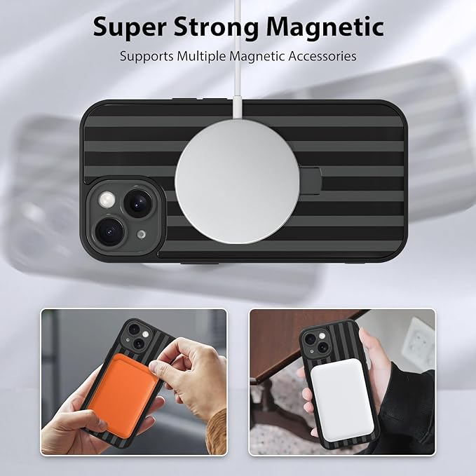 KANGHAR Compatible with iPhone 15 Case, Support for MagSafe, Silicone Stripes Cute Pattern, Wristband Kickstand Camera Protection Soft Slim Cover for Girls Women -Black