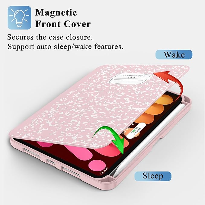 Supveco Case for iPad mini 7 (A17 Pro) 2024/iPad Mini 6 2021 8.3 Inch with Pencil Holder-[Auto Wake/Sleep],Slim Protective Case with Soft TPU Back Cover for iPad mini 7th/6th Generation-Pink
