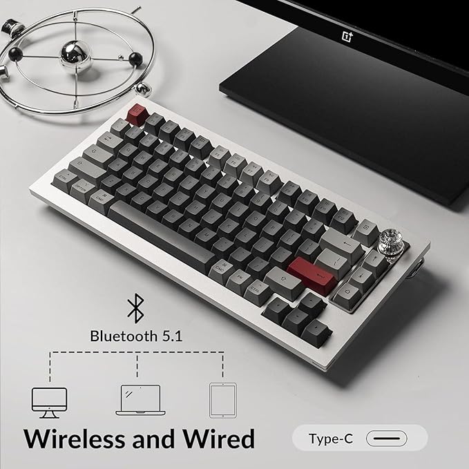 Keyboard 81 Pro Wireless 75% Mechanical Keyboard – Full Aluminum Body, QMK/VIA Programmable, Hot-Swappable Tactile Switches, Knob, RGB Backlight, Bluetooth & USB-C Wired, Mac/Windows/Linux Compatible