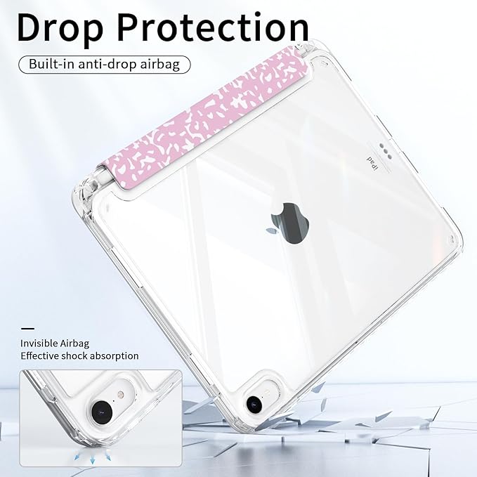 Case for iPad 11th Generation A16 Chip (2025), iPad 10th Generation (2022) Case, Protective Slim Clear Back Cover with Pencil Holder, Trifold Sturdy Stand, Pink Composition Book