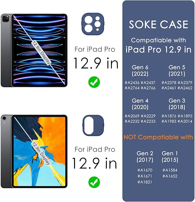 Soke Case for iPad Pro 12.9 Inch (6th/5th/4th/3rd Generation, 2022/2021/2020/2018) - Pencil Holder + Auto Sleep/Wake + Camera Protection, Transparent Shockproof Back Cover, Navy