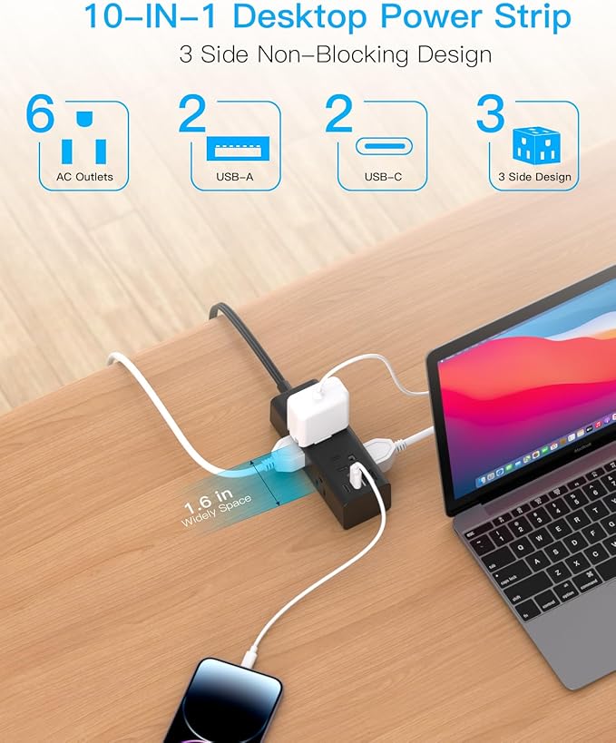 3Ft Extension Cord with Multiple Outlets, Flat Plug Power Strip Surge Protector with 3 Ft Cord, 6 Outlet 4 USB Ports (2 USB C), Multi Outlet Wall Plug for Travel, College, Dorm Room Essentials(Black)