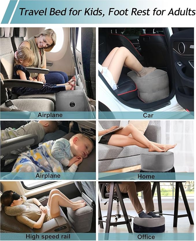 Inflatable Foot Rest Pillow, Kids Airplane Bed, Adjustable 3 Layers Height Leg Rest Pillow, Airplane Travel Essentials Great for Office, Home, Trains, Cars