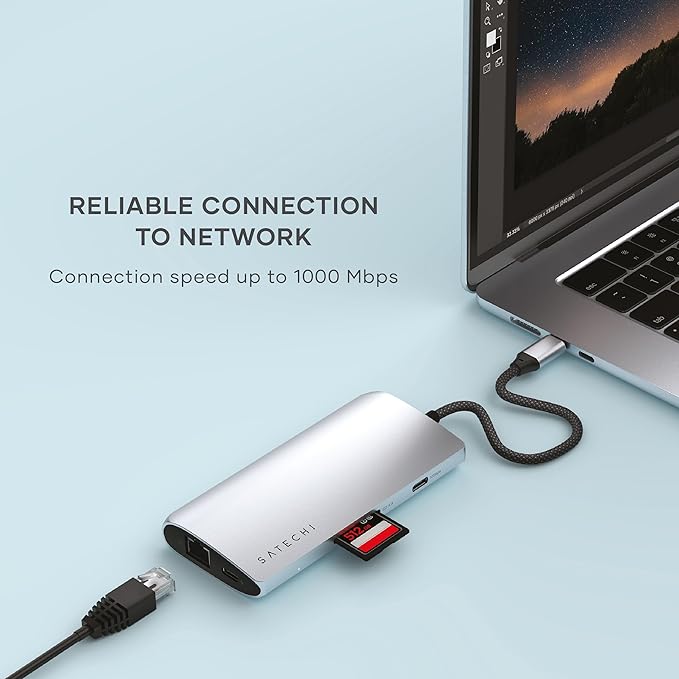 Satechi 8 in 1 USB C Hub Multiport Adapter V3, 8K HDMI, 100W Charging, 4 USB Data Ports, Ethernet, SD Card Reader, for Laptop, for Mac/Windows, MacBook Air/Pro/Neo, iPad Air/Pro - Silver