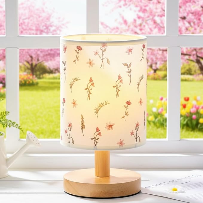 VIHOSE Boho Floral Bedside Table Lamp Vintage Nightstand Lamp with Linen Fabric Shade Solid Wood Base Decoration for Kids Living Room Bedroom Desk Dorm
