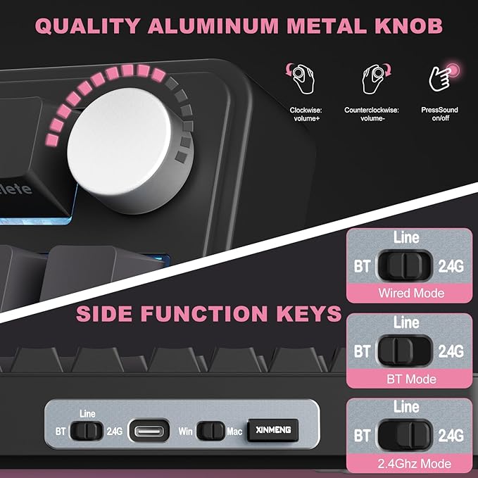 M75 Mechanical Keyboard,75% Gasket Hot Swappable,RGB Backlit,Side Printed PBT Keycaps,2.4Ghz/Bluetooth/USB-C Gaming Keyboards (Black and Pink)