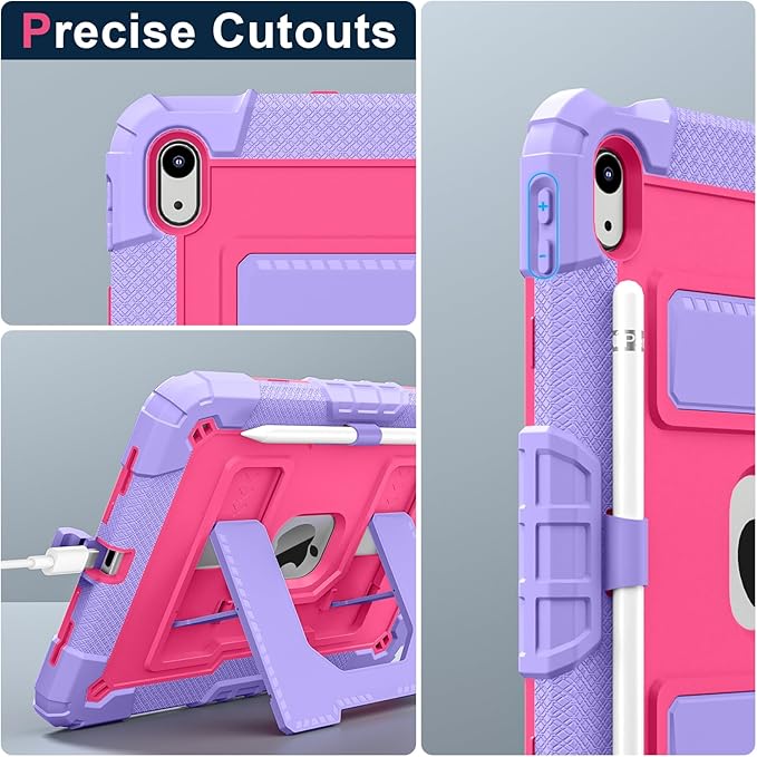 Kids Friendly Case for iPad A16 11th Generation 11 Inch 2025 / iPad 10th Generation 10.9" 2022 Case with Pencil Holder & Shoulder Strap, Hybrid iPad 11 10 Cover Rugged Shockproof Kickstand,Rose+Purple