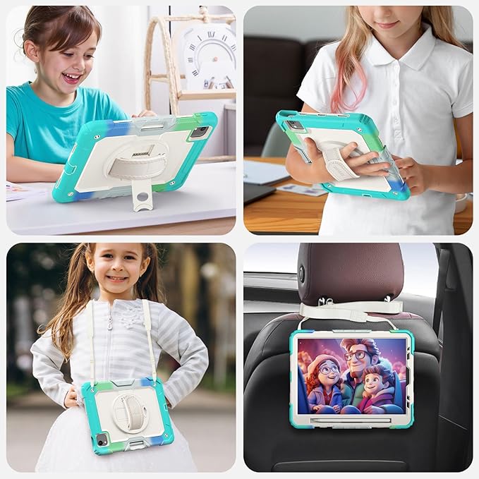 SEYMAC Case for iPad Air 5th/ 4th Generation 10.9", Full-Body Shockproof Protective Case with Screen Protector, Rotating Stand/Handle/Shoulder Strap/Pencil Holder for iPad Air 5/ Air 4, Colorful/Blue