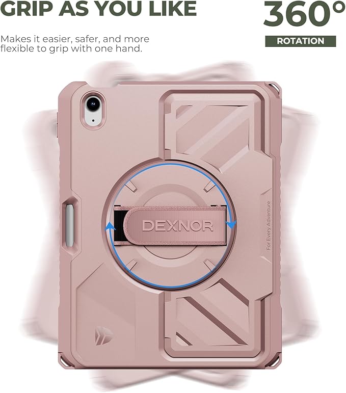 Dexnor Case for iPad (A16) 11th/10th Generation 2025/2022 (11″/10.9″),Rugged Protective Case with 360° Rotating Hand Strap& Stand & Screen Protector & Pencil Holder Shockproof Full-Body Cover, Pink