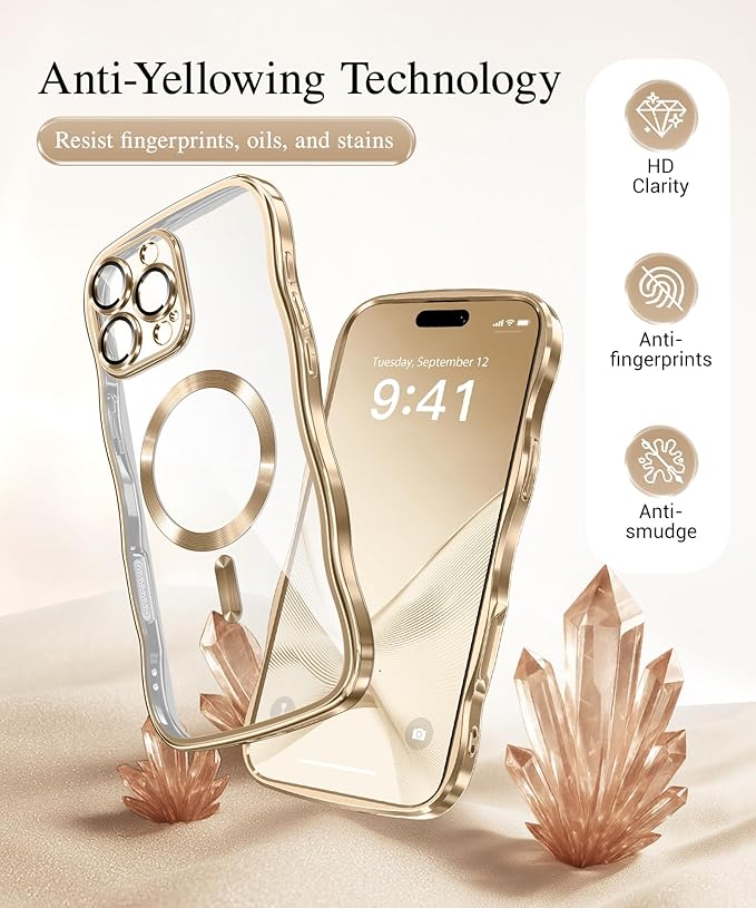 GVIEWIN for iPhone 16 Pro Max Case Compatible with MagSafe, Upgraded [Full Camera Protection][Cute Wave Frame][Military Grade Protection] Electroplated Soft Phone Cover for Women Girl, Clear/Gold