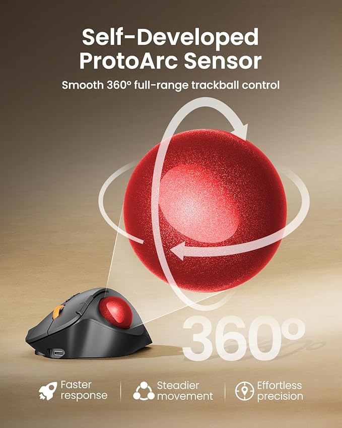 ProtoArc Wireless Bluetooth Trackball Mouse, EM02 Two Adjustable Angle Ergonomic Rechargeable Computer Ball Mouse, 3 Device Connection, Thumb Control and Smooth Tracking for Laptop, PC, Mac-Red