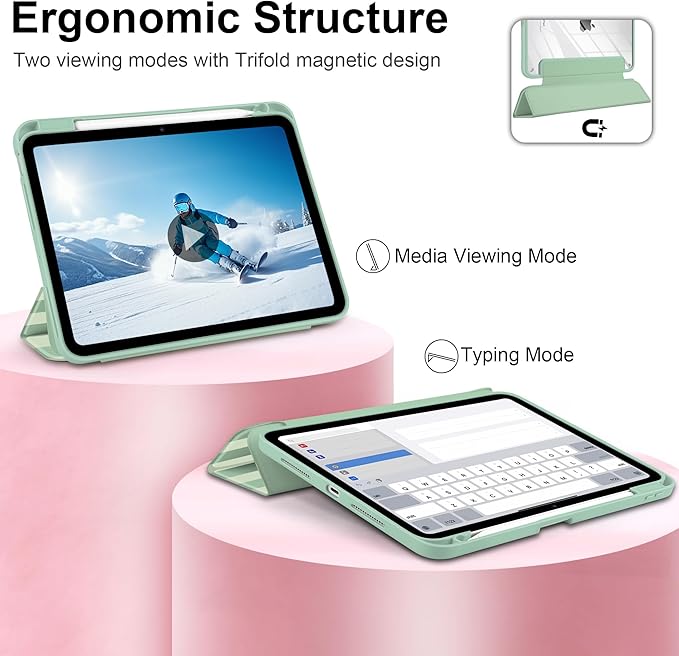 Case for iPad Pro 13 Inch (M5 2025 M4 2024) – [Built-in Pencil Holder], Shockproof & Stylish, Clear Hard Back + Soft TPU Edge, Magnetic Trifold Stand, Auto Wake/Sleep, Green Striped