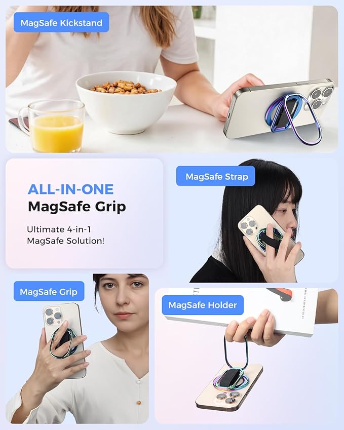 SUPERONE for MagSafe Phone Grip for MagSafe Kickstand Compatible with Mag Safe Finger Loop, 4-in-1 Phone Ring Holder Strap for Mag Safe iPhone 16/15/14/13/12 (Rose)