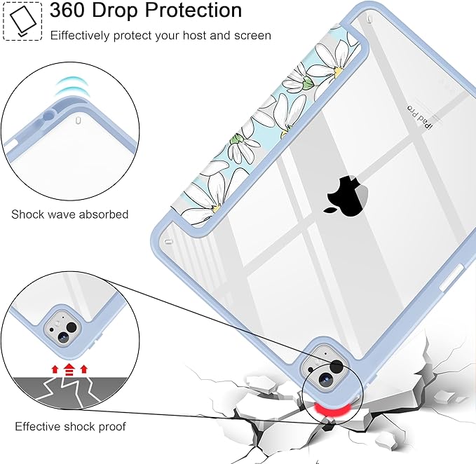 May Chen Case for iPad Pro 11-Inch M5/M4 2025/2024 (6th/5th Generation), [Penceil Holder] Trifold Stand Auto Wake/Sleep Clear TPU Protection Back Cover, Heart Rabbits