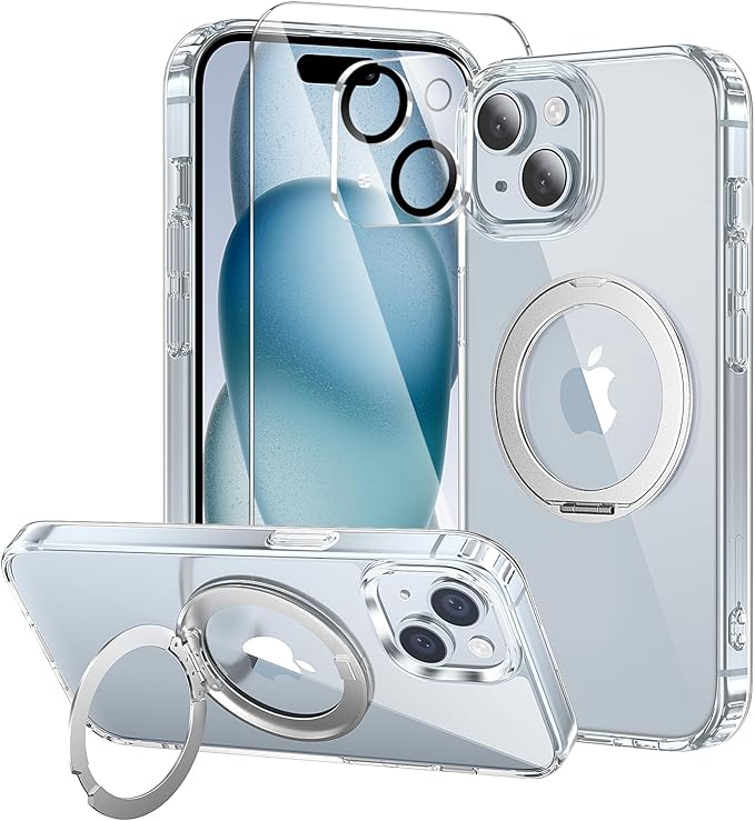 toushion 3 in 1 for iPhone 15 Plus Case Stand |Build in Kickstand,Screen Protector *1 & Camera Lens Protector*1, Not Yellowing, Fits MagSafe, Military-Grade Protection