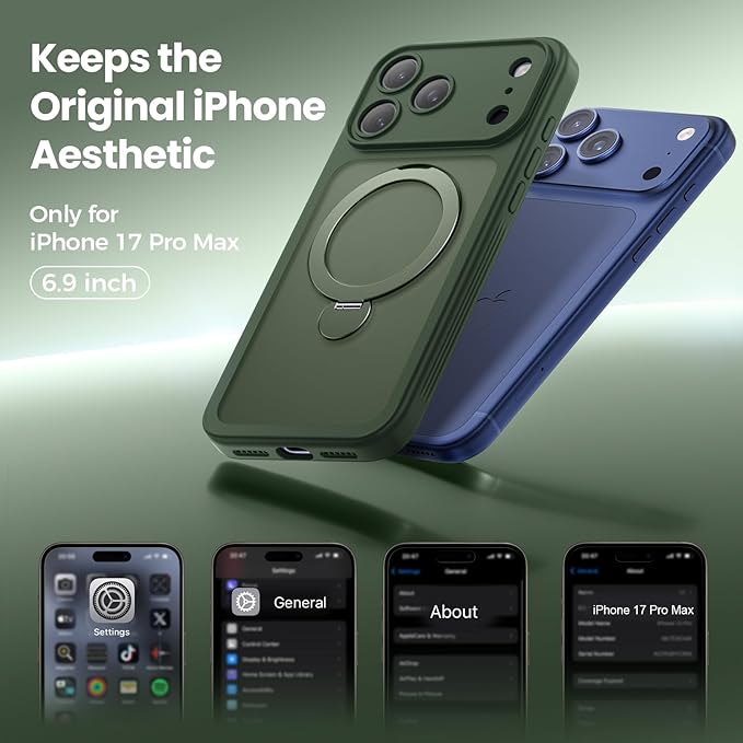 for iPhone 17 Pro Max Case [ 360° Spin Magnetic Stand] [Full Camera Protection] Compatible with Magsafe, 15FT Military-Grade Protection, Translucent Anti-Slip Phone Case 6.9'', Deep Green