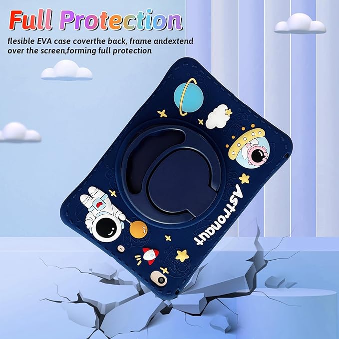 Dteck for iPad Pro 11 Case 2022/2021/2020/2018,iPad Air 5/4 Case,Cute Cartoon 3D Unique Rotating Handle Stand Shoulder Strap Soft Silicone Funda Rugged Shockproof Protective Kid-Proof Case,Spaceman