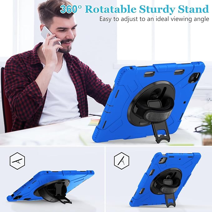 Case for iPad Pro 12.9 2022/2021/ 2020/2018: Cover for iPad Pro 12.9 6th/ 5th/ 4th/ 3rd Generation with Screen Protector- Stand- Pencil Holder- Handle- Shoulder Strap Blue