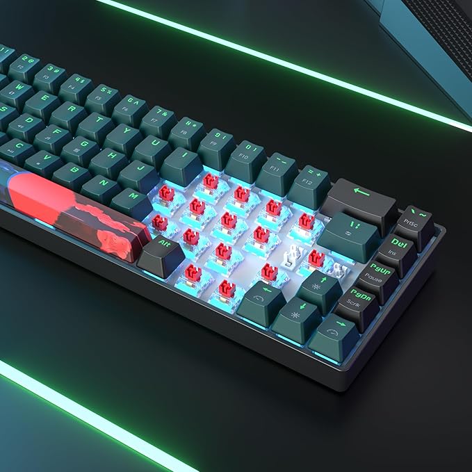 Protable 60% Percent Gaming Keyboard Mechanical, Mini Compact Ice-Blue LED Backlit 68 Keys Wired Office Keyboard with Red Switch for Mac/Win/PS4/PS5(68Green/red Switch)