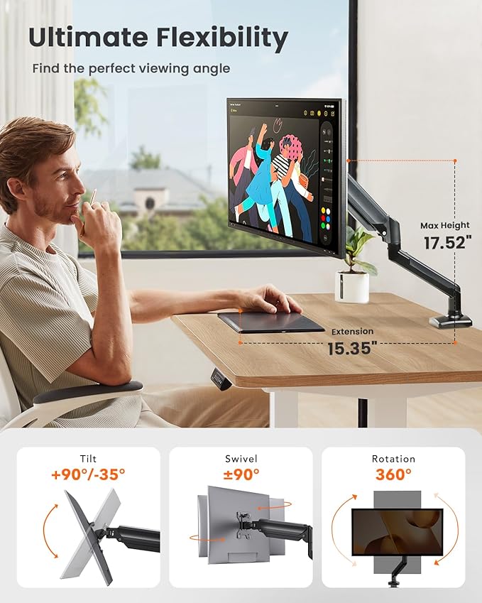 ErGear Single Monitor Arm for 13-36 inch Screens, Adjustable Gas Spring Monitor Mount Holds up to 22 lbs, Computer Monitor Stand with VESA Mount, C-Clamp & Grommet Base, Max VESA 100x100mm