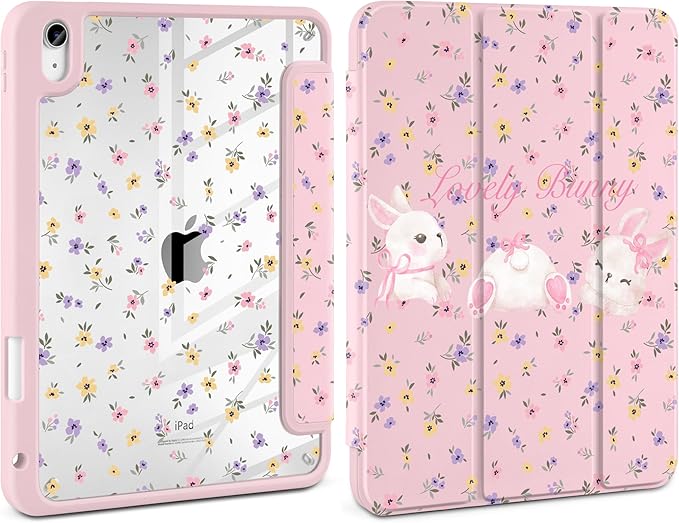 Case for iPad Air 11 inch M4 2026 M3 2025 M2 2024,iPad Air 5th (2022) / 4th (2020) 10.9 Inch Clear Back Shell Lightweight TPU Edge Trifold Stand Auto Wake Sleep Cute Cover, White Rabbit