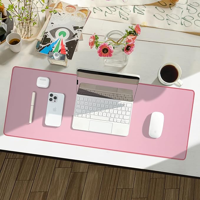 Reniteco Waterproof Large Gaming Mouse Pad with Durable Stitched Edges, Non-Slip Rubber Base, Smooth Surface Mouse Mat Desk Pad for Home Office Gaming, 27.5"*11.8"*0.08",Pink