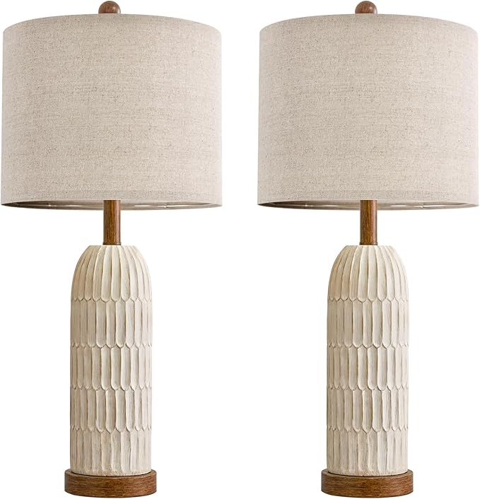 OYEARS 26.5" Bedside Table Lamps Set of 2, Farmhouse Table Lamp with USB A+C Charging Ports,Vintage Nightstand Lamp for Bedrooms and Living Rooms, Retro Resin End Table Lamp with Linen Shade, Brown