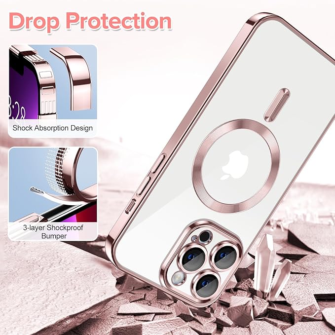 Hython Magnetic Clear for iPhone 13 Pro Case with Camera Lens Protector [Compatible with MagSafe] Luxury Plating Edge Slim Soft TPU Cover Protective Phone Case for iPhone 13 Pro 6.1", Pink