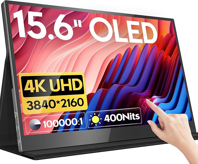 HONGO 4K OLED Portable Monitor, 15.6 Inch Touchscreen UHD 3840X2160 100% DCI-P3 100000:1 Multi-Touch HDR USB-C HDMI Travel Monitor for Laptop PC Phone Mac Xbox PS5/PS4