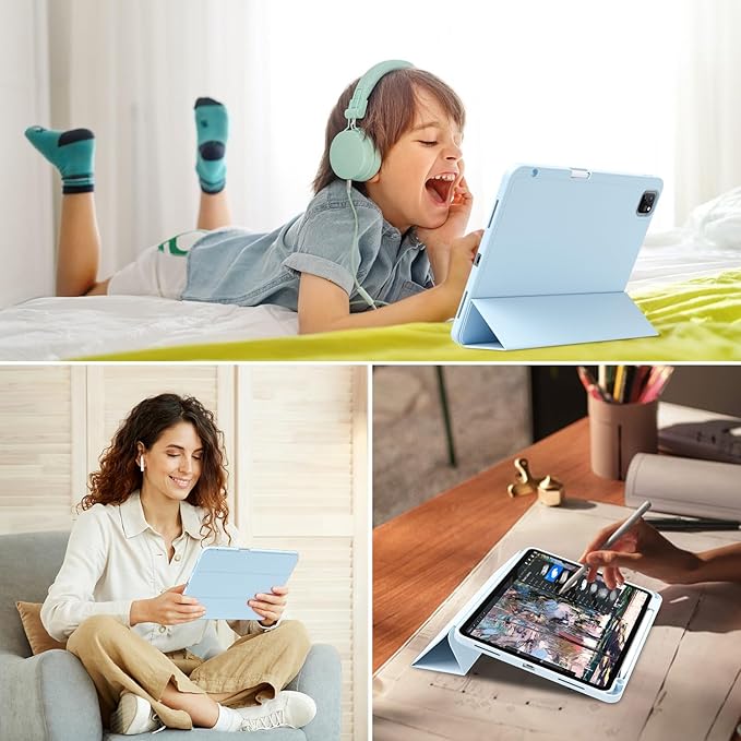 Case for iPad Pro 11 inch (M5/M4) 2025/2024 with Pencil Holder,Tri-Fold Stand Cover, Protective Soft TPU Back&Shockproof Air Corner,Supports Apple Pencil Pro, Auto Wake/Sleep (Sky Blue)