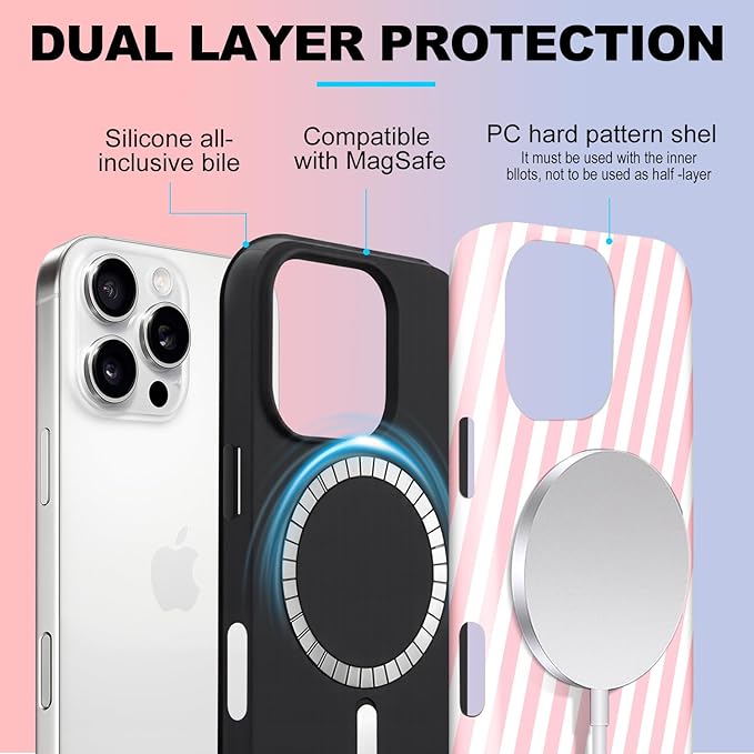 Magnetic for iPhone 15 Pro Max Case Cute Diagonal Stripes Phone Case, Shockproof Slim TPU and Hard PC Protective Phone Cover Compatible with MagSafe Designed for Women Girls,Pink