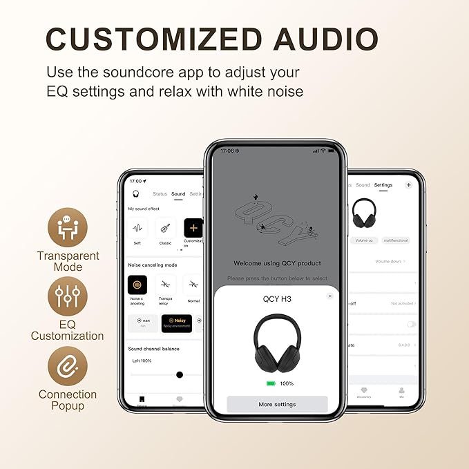 QCY H3 ANC Bluetooth Headphones Over Ear, Active Noise Cancelling Bluetooth 5.4 Headphones with Microphones, Hi-Res Audio Sound, Multipoint Connection, 60H Playback, Custom EQ via App(Blue)