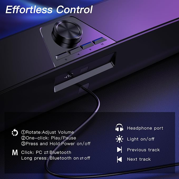 Computer Speakers for Desktop,PC Speakers Gaming Sound bar with Colorful Light,USB Speaker With Bluetooth for PCs Desktop Laptop Tablets,Wired Bluetooth Speaker for Phones(Type-C Adapter Included)